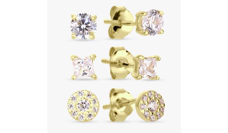 Revere Gold Plated Cubic Zirconia Stud Earrings - Set of 3