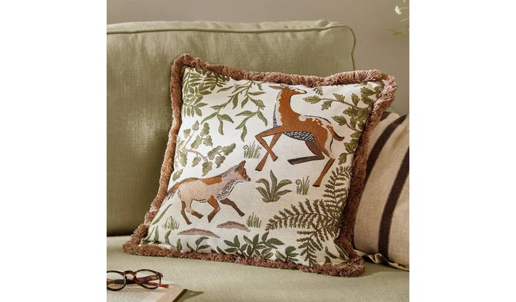 Wylder Fable Fox and Deer Embroidered Cushion Green - 45x45cm