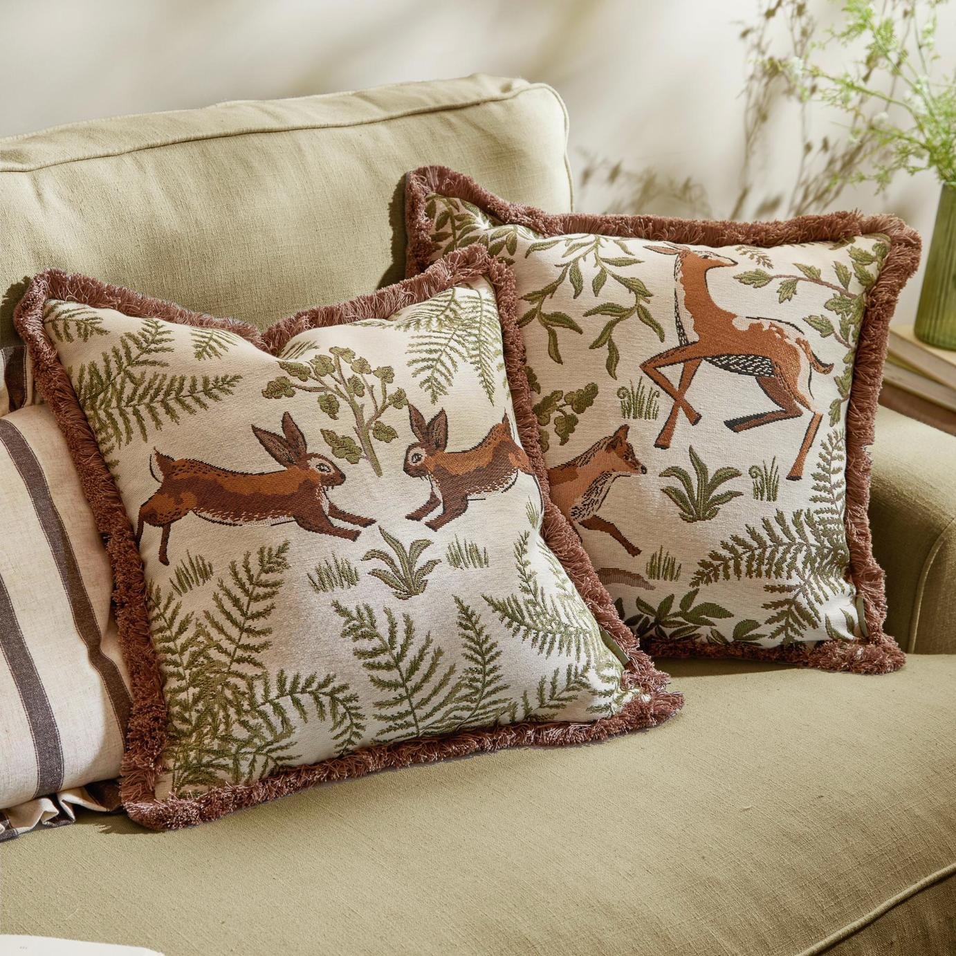 Buy Wylder Fable Fox and Deer Embroidered Cushion Green - 45x45cm