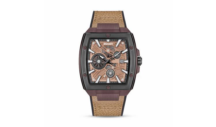 Ducati Rectangular Case Tan Leather and Silicone Strap Watch