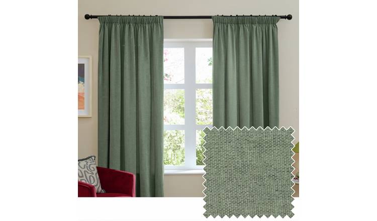 Furn Soft Chenille Blackout Pencil Pleat Curtains - Green - 117x137cm