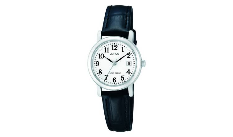 Lorus Ladies White Dial with Date Black Leather Strap Watch