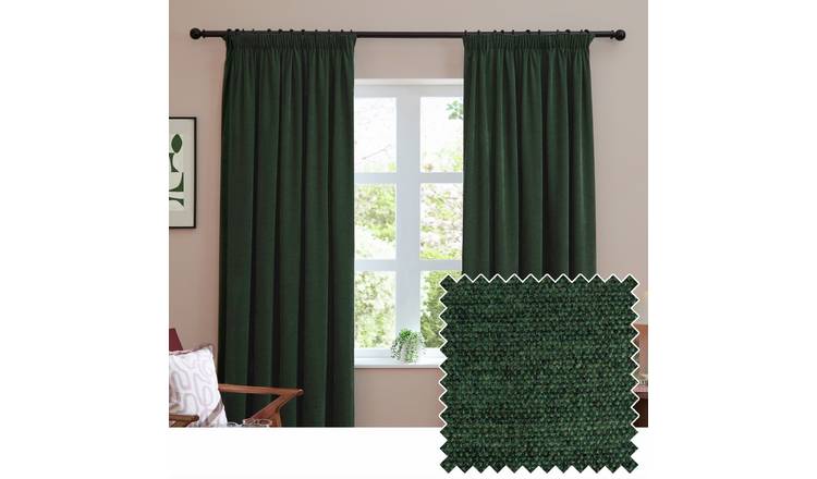 Furn Soft Chenille Blackout Pencil Pleat Curtains - Green - 117x137cm