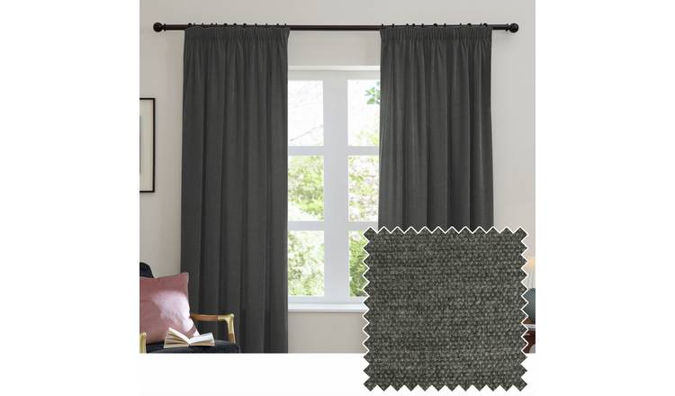Furn Soft Chenille Blackout Pencil Pleat Curtains - Charcoal - 117x137cm