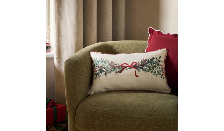 Argos Home Winter Stems & Berries Print Cushion White - 30x50cm