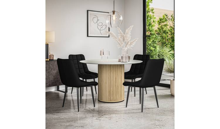 Furniture Online Arlo Nova Marble Top w Oak Legs Dining Table & 4 Black Chairs