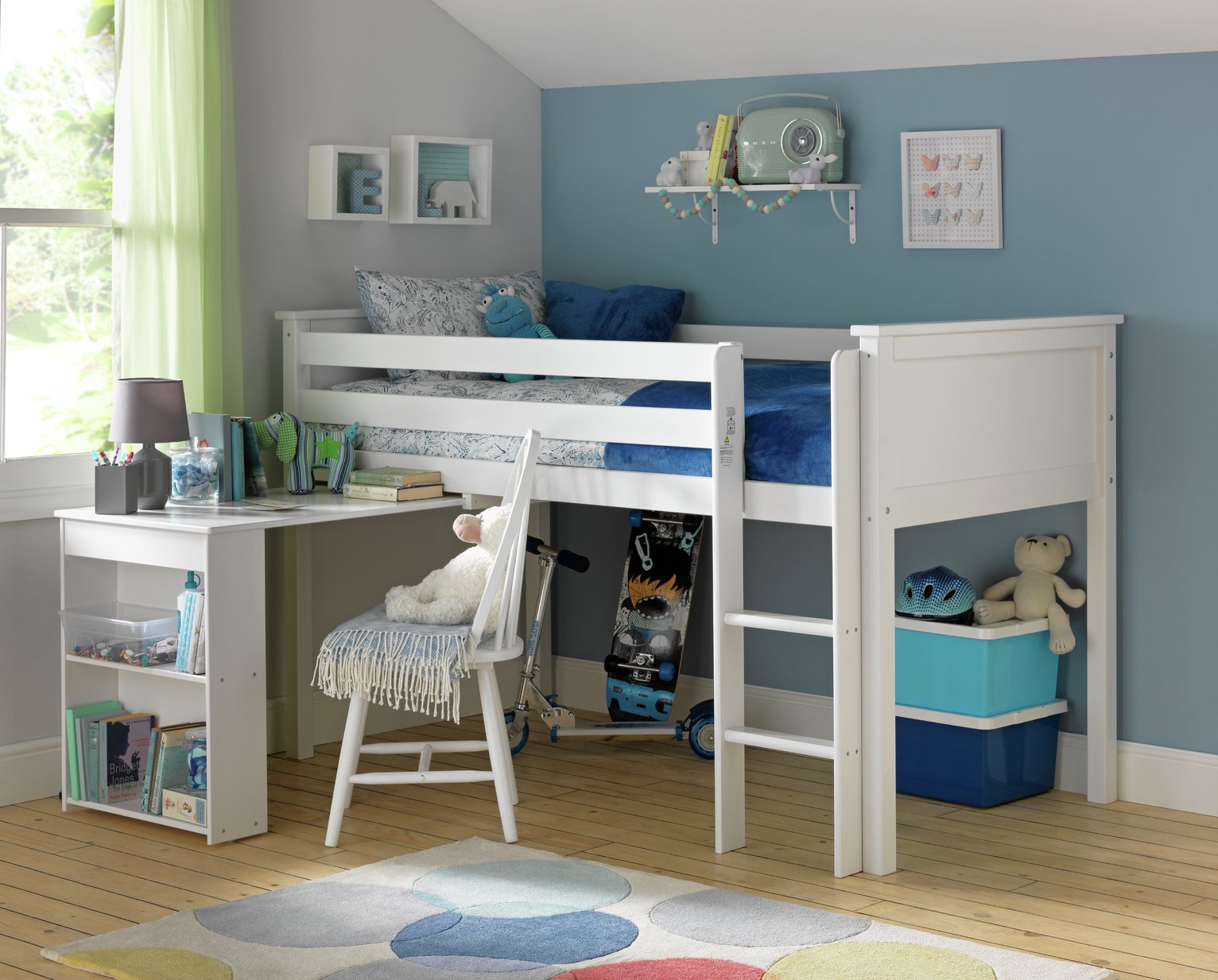 white mid sleeper bed with mattress