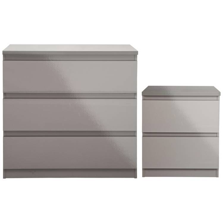 Habitat Jenson Bedside & 3 Drawer Chest Set - Grey Gloss 0