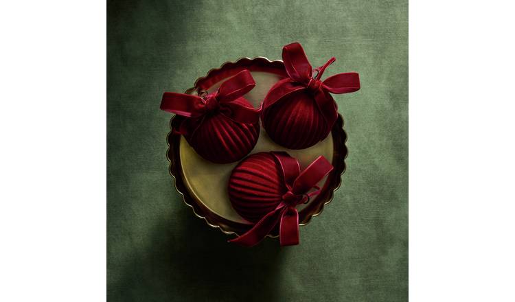 Habitat Flocked Burgundy Bow Christmas Bauble - Pack of 3