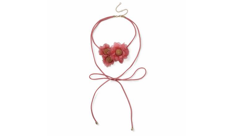 Freedom Wrap Around Tie 3 Flower Pink Choker Necklace