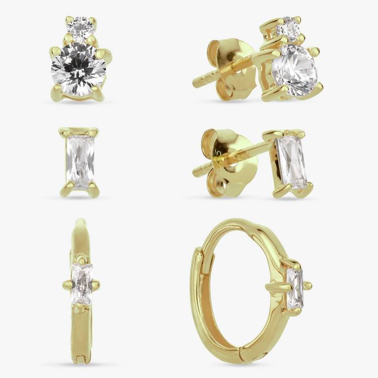 Revere Gold Plated Silver Stud and Huggies Earrings Set of 3