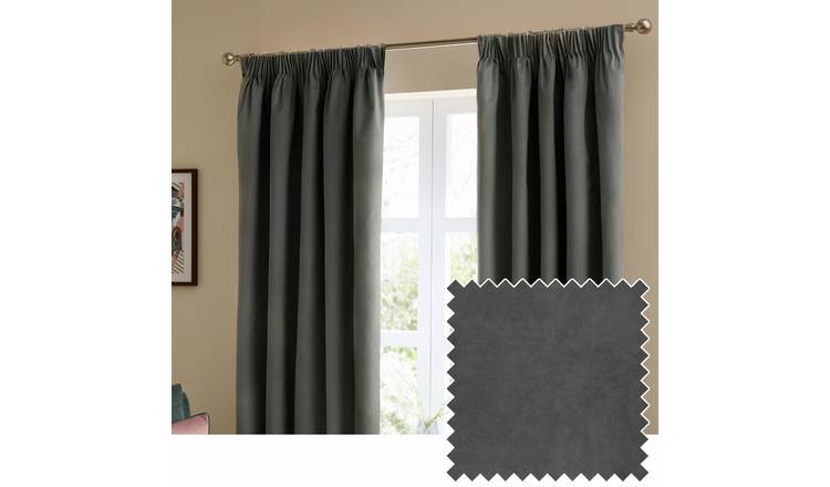 Furn Ultimate Velvet Blackout Pencil Pleat Curtains - Charcoal - 117x137cm