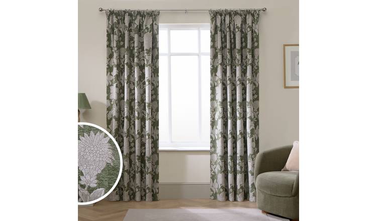 Argos Home Traditional Blackout Floral Pencil Pleat Curtain - Green - 168x229cm