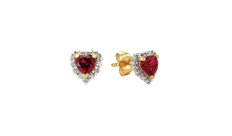 Revere 9ct Yellow Gold Ruby & Diamond Heart Stud Earrings