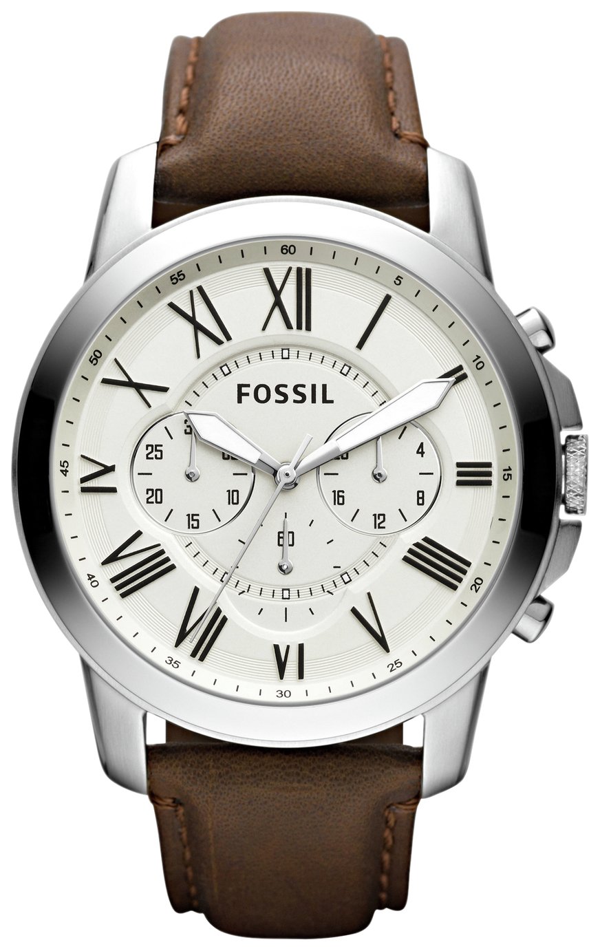 Fossil Grant Men's Cream Dial Brown Leather Strap Watch
