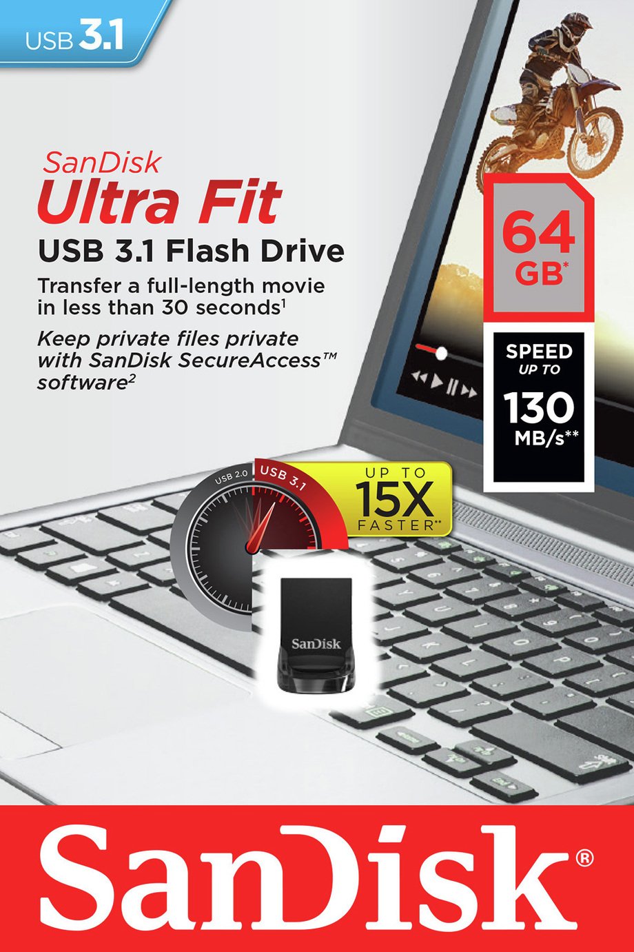 SanDisk Ultra Fit 130MB/s USB 3.1 Flash Drive - 64GB