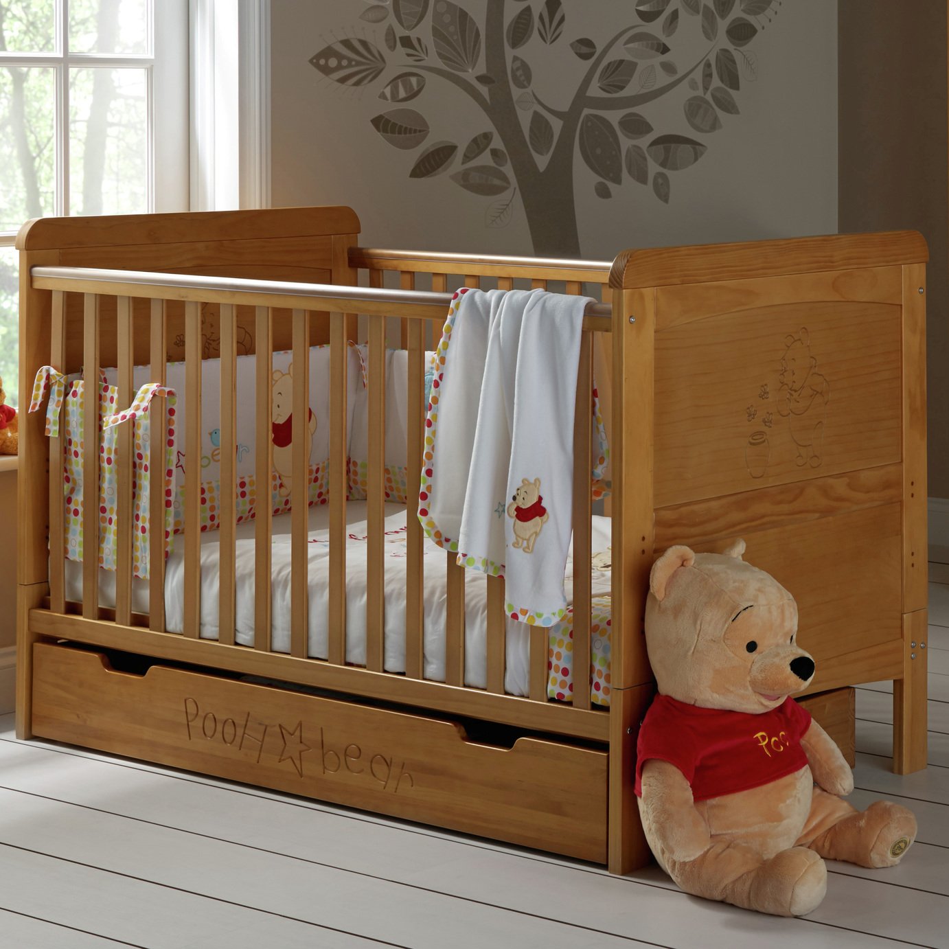 Disney Winnie The Pooh Cot Bed & Under Drawer - Country Pine