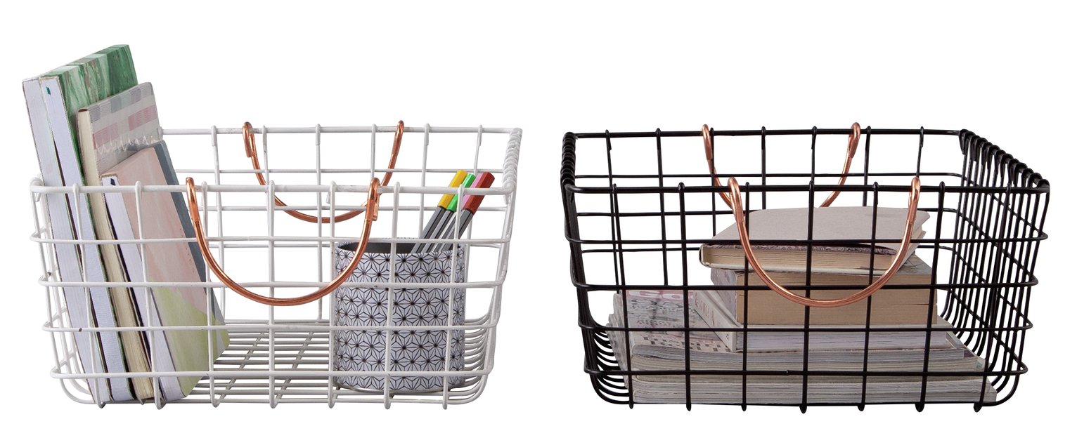 Argos Home Set of 2 Wire Storage Baskets - Black & White