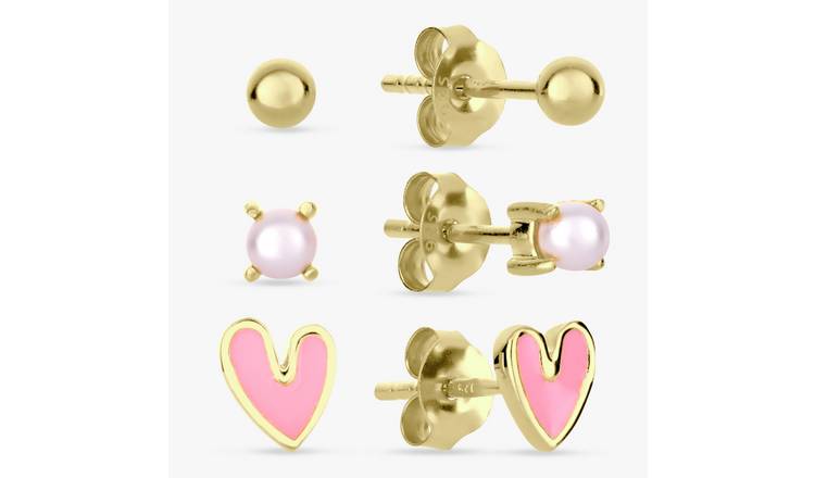 Revere Kids Gold Plated Silver Pink Heart Stud Earrings Set