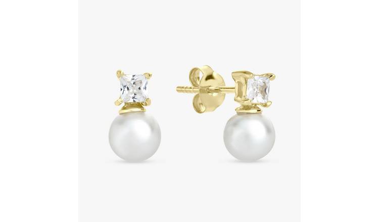 Revere Gold Plated Silver Pearl Drop Square Stud Earrings