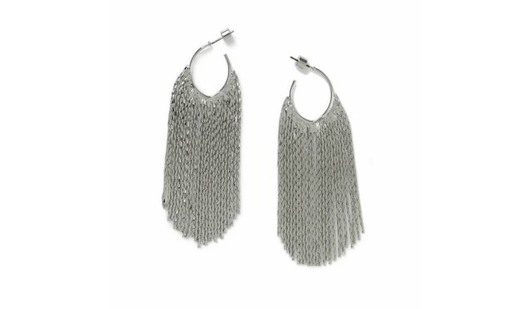 Freedom Silver Tusk Tassel Drop Hoop Earrings