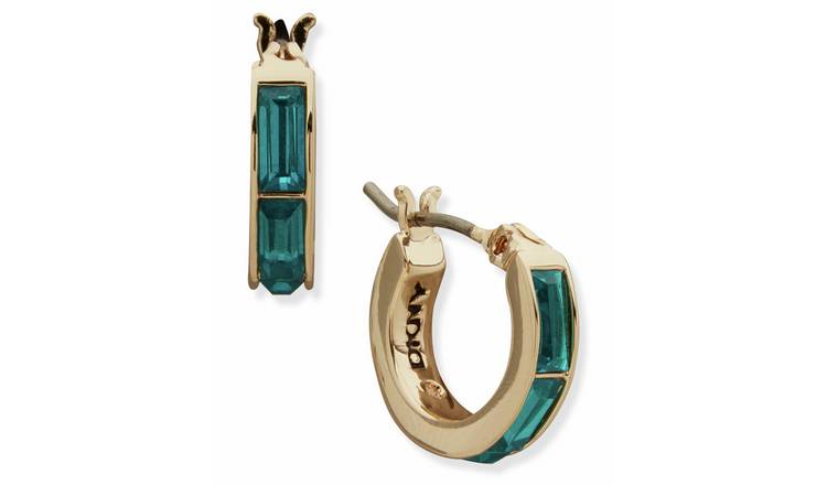 DKNY Gold Tone Teal Baguette Huggie Earrings