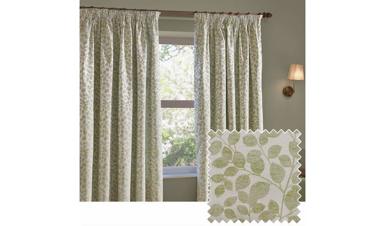 Wylder Grace Leaf Floral Pencil Pleat Curtains - Sage Green - 117x137cm