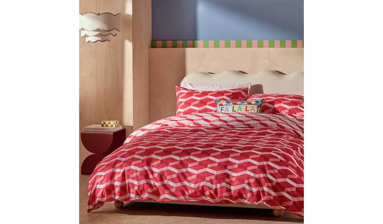 Habitat Cotton Christmas Geo Red Bedding Set - Double