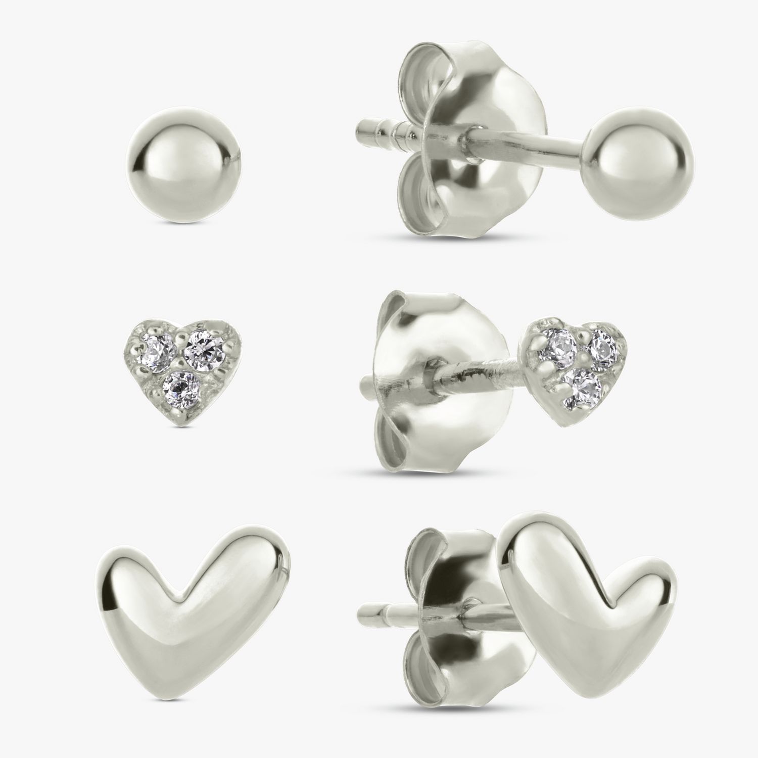 Revere Sterling Silver Hearts & Ball Stud Earrings Set of 3