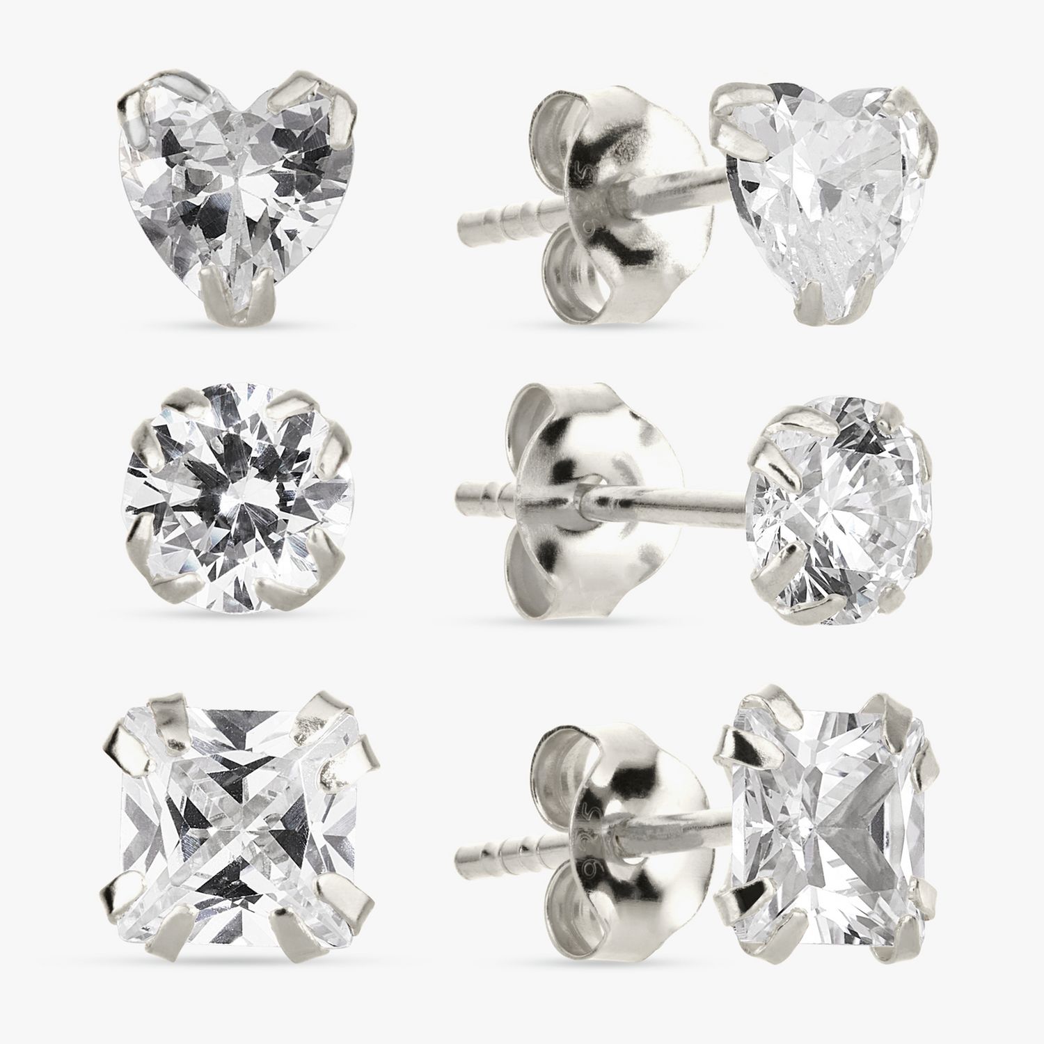 Revere Sterling Silver Cubic Zirconia Stud Earrings Set of 3 Pairs