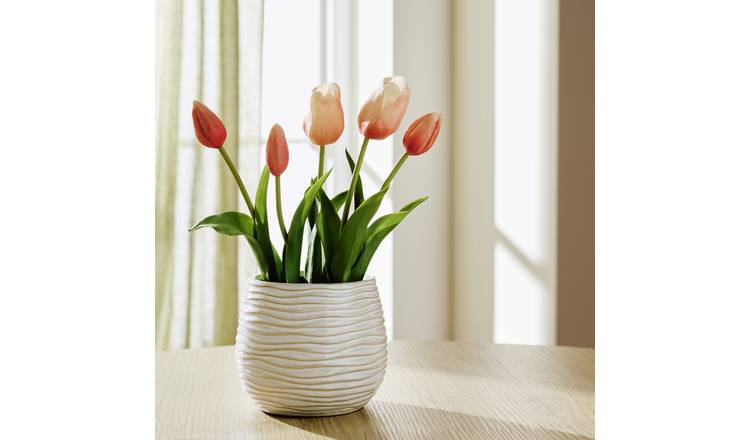 Bayswood Artificial Pink Tulips In White Ceramic Pot - 14cm