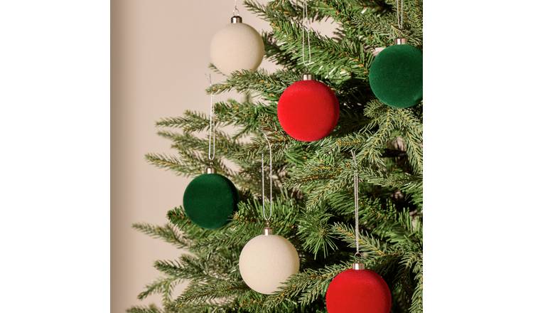 Argos Home Red, Green and White Country Flocked Christmas Bauble - Pack of 6