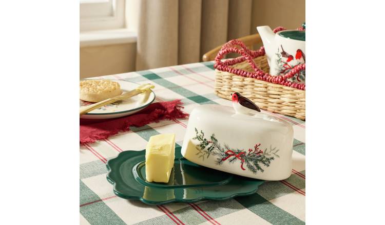 Argos Home Robin Stoneware Butter Dish - White & Green
