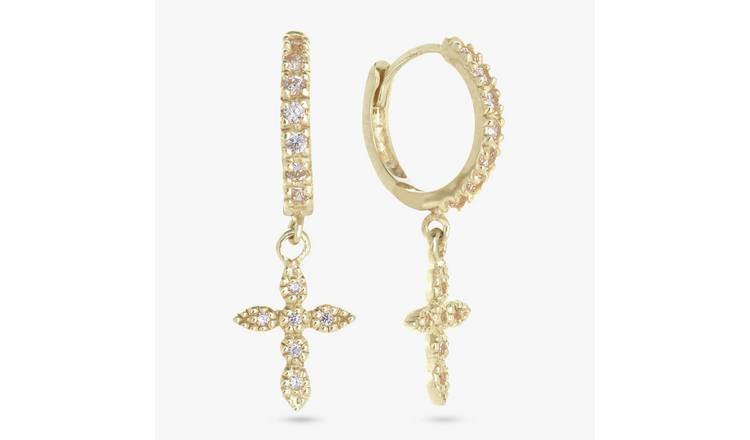 Revere Gold Plated Silver Cross Drop Huggies Earrings