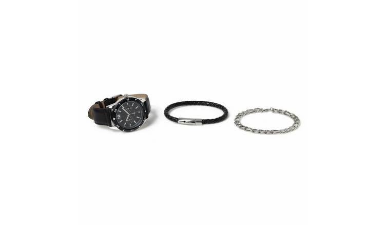 Uncommon Souls Black Leather Strap Watch and Bracelet Set
