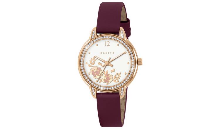 Radley Stone Set Bezel Cranberry Red Leather Strap Watch