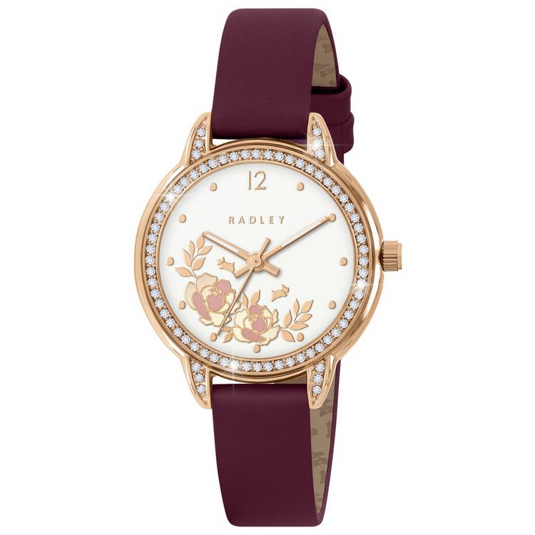 Radley Stone Set Bezel Cranberry Red Leather Strap Watch 0