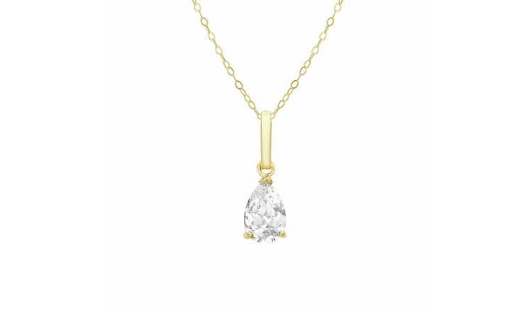 Revere 9ct Yellow Gold Cubic Zirconia Tear Pendant Necklace Chain