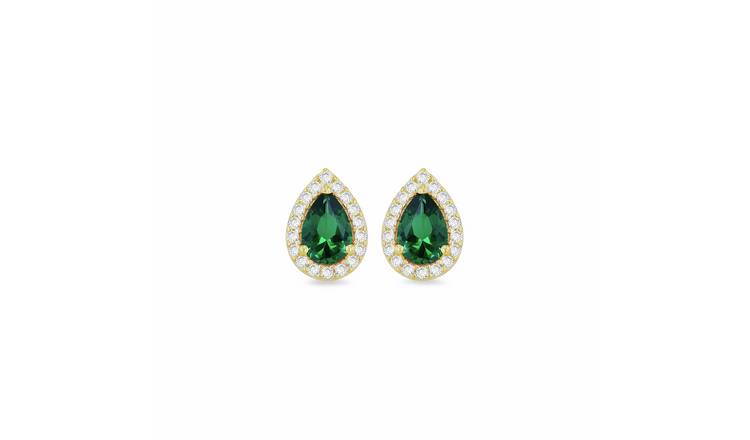 Revere 9ct Yellow Gold Green Cubic Zirconia Halo Stud Earrings