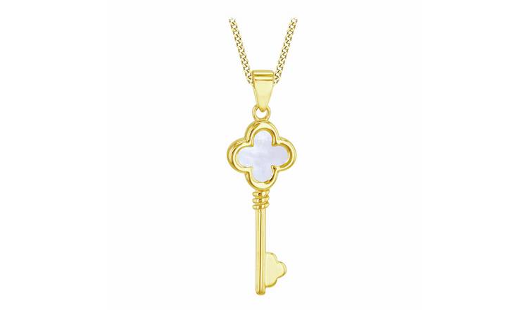 Revere 9ct Yellow Gold Mother of Pearl Clover Key Pendant Necklace Chain