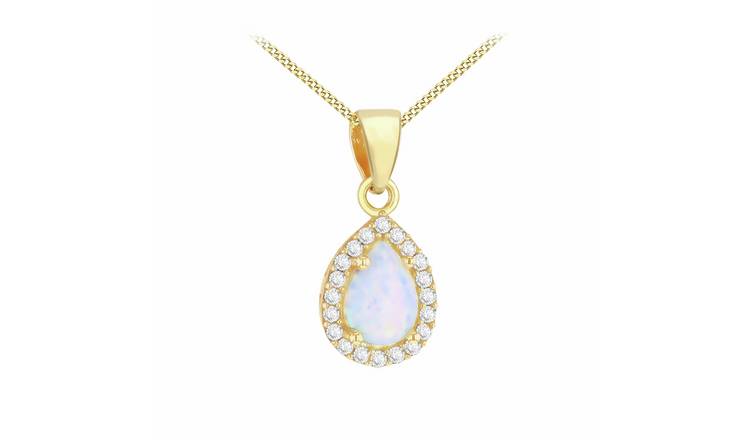 Revere 9ct Yellow Gold Teardrop Halo Opal Pendant Necklace Chain