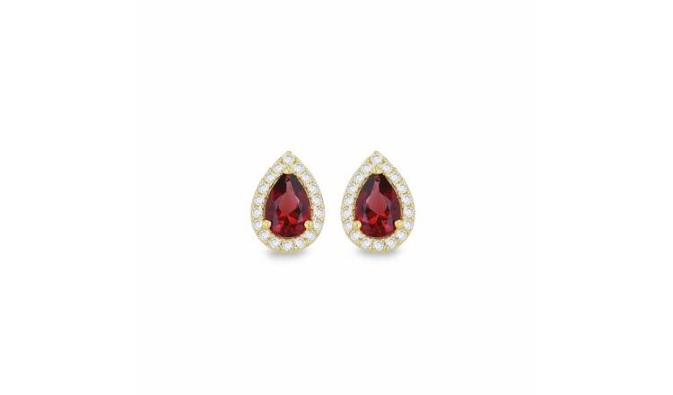 Revere 9ct Yellow Gold Red Cubic Zirconia Halo Stud Earrings