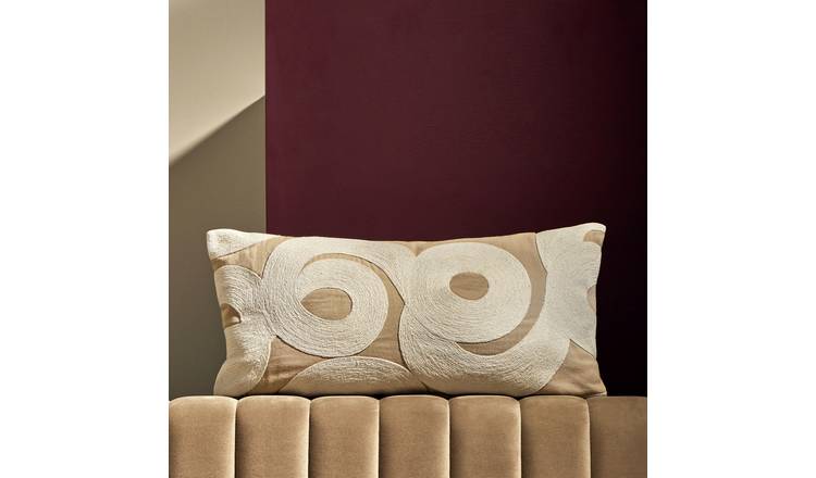 Habitat Textured Swirl Crewel Cushion Beige - 60x30cm