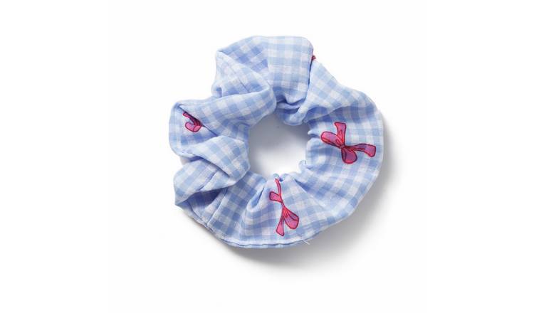 Flitzy Pink Bow Print Blue Gingham Hair Scrunchie