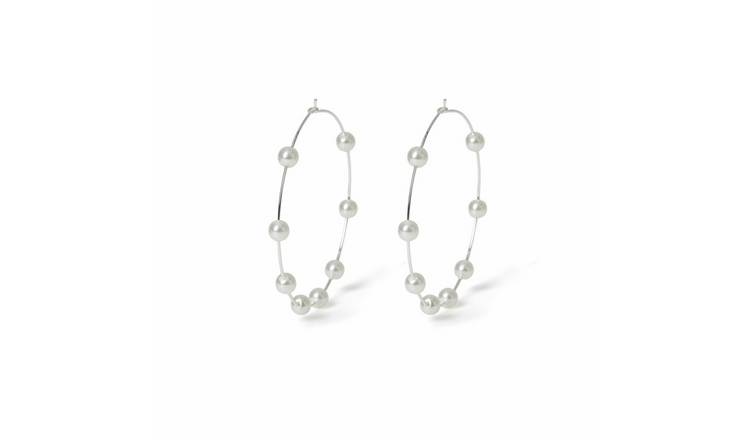 Freedom Silver Pearl Large Hoop Earrings