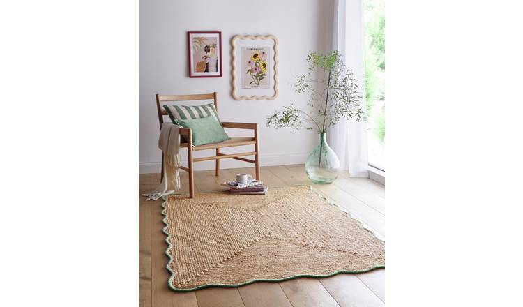 Origin Jute Scalloped Edge Green Short Pile Rug - 160x230cm