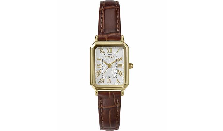 Timex Womens White Dial Rectangle Case Brown Strap Watch