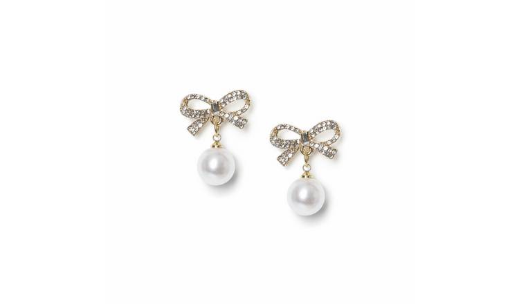 Freedom Silver Crystal Bow Pearl Drop Earrings