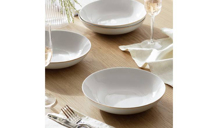 Argos Home 4 Piece Gold Rim Porcelain Pasta Bowls - White