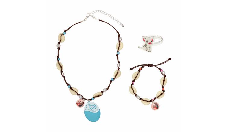 Disney Moana Pendant Necklace, Moana and Maui Charm Bracelet Pua Ring Set